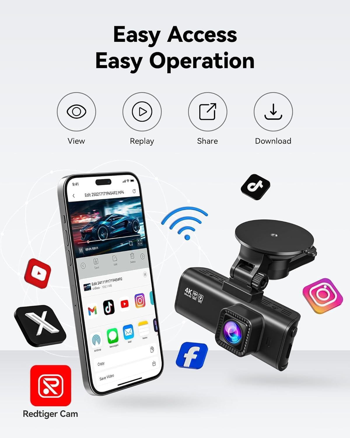 REDTIGER F7NP 4K Front/2.5K Rear Dash Cam 3.16″ IPS GPS WiFi 170° + 32GB Card
