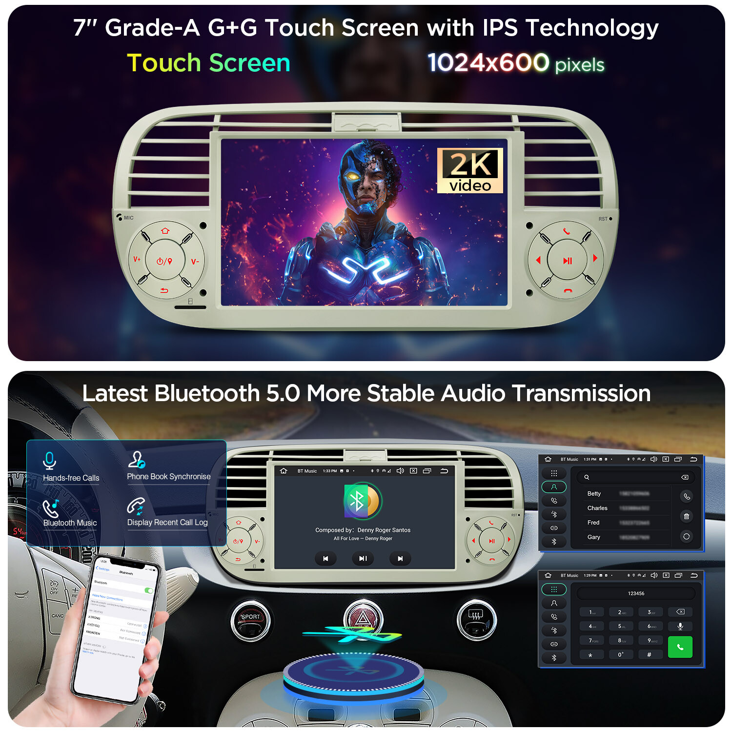 7″ Android 13 8Core Car Play GPS Sat Nav Stereo Radio for Fiat 500 2007-15 Beige