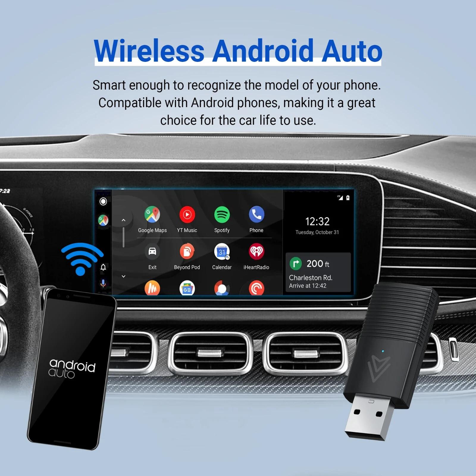 Mini Wireless Carplay / Android Auto Adapter USB Plug & Play, Music & Phone Call