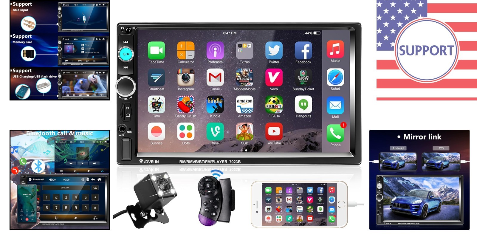 HD 7 Inch Car Stereo Radio with Bluetooth, Mirror Link & Steering Wheel Control