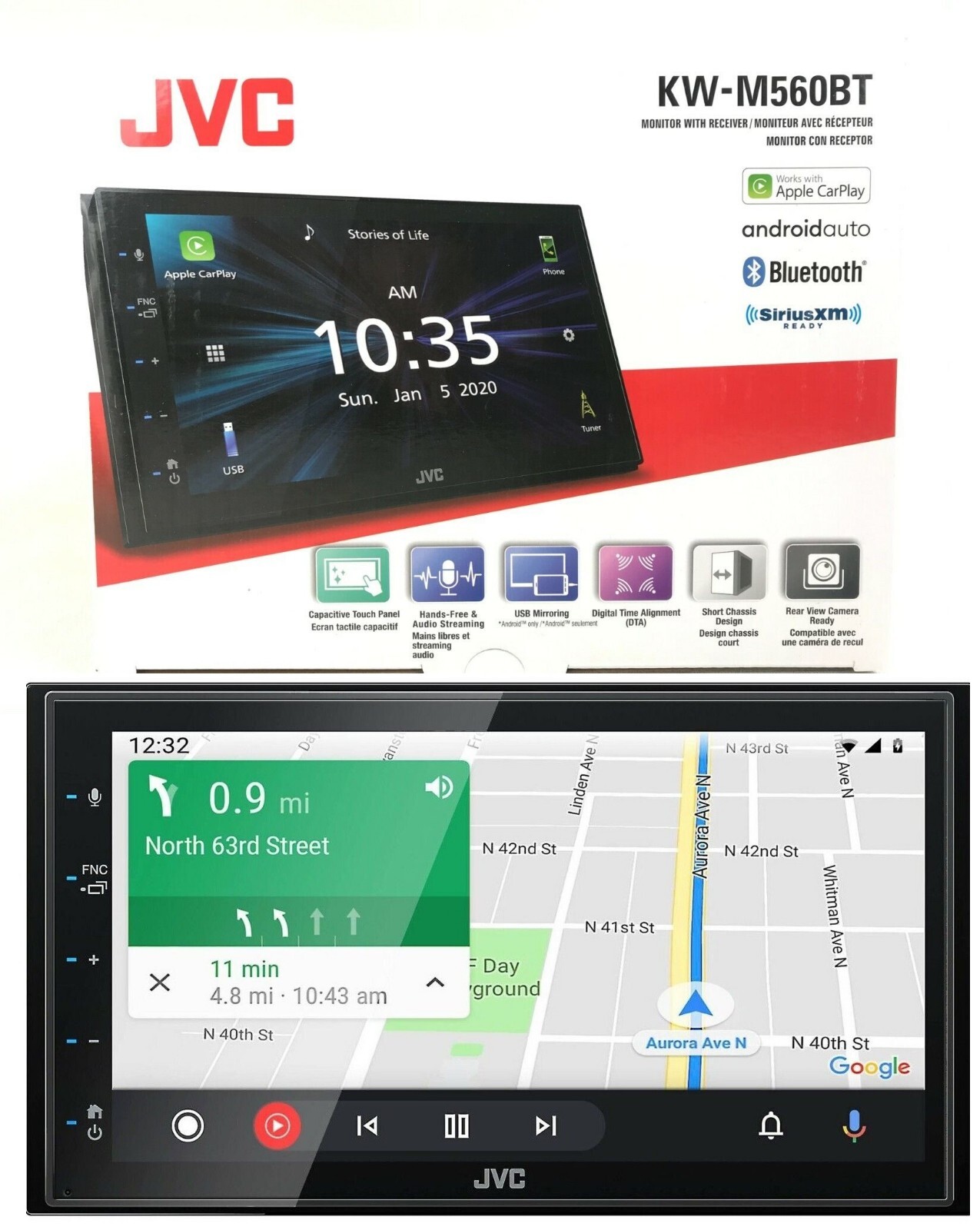 JVC KW-M560BT Bluetooth Media Player Apple CarPlay Android Auto XM USB Mirroring