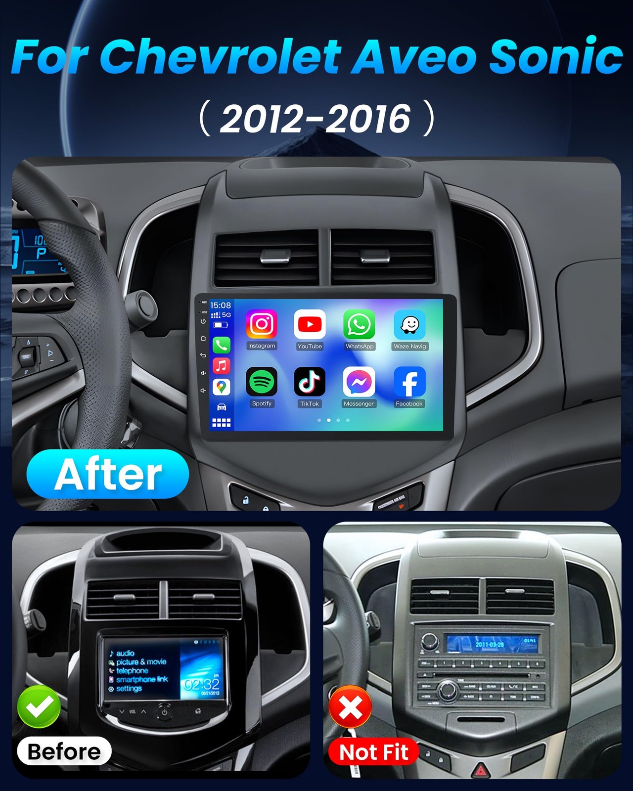 4Core + 64G ROM Car Radio for 2012-2016 Chevy Aveo Sonic: 9″ 1280 * 800 Black