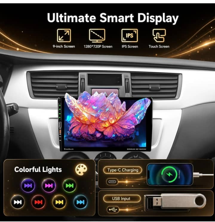 9 Inch Single Din Car Stereo with Wireless Carplay Android Auto，1 DIN Touchscree