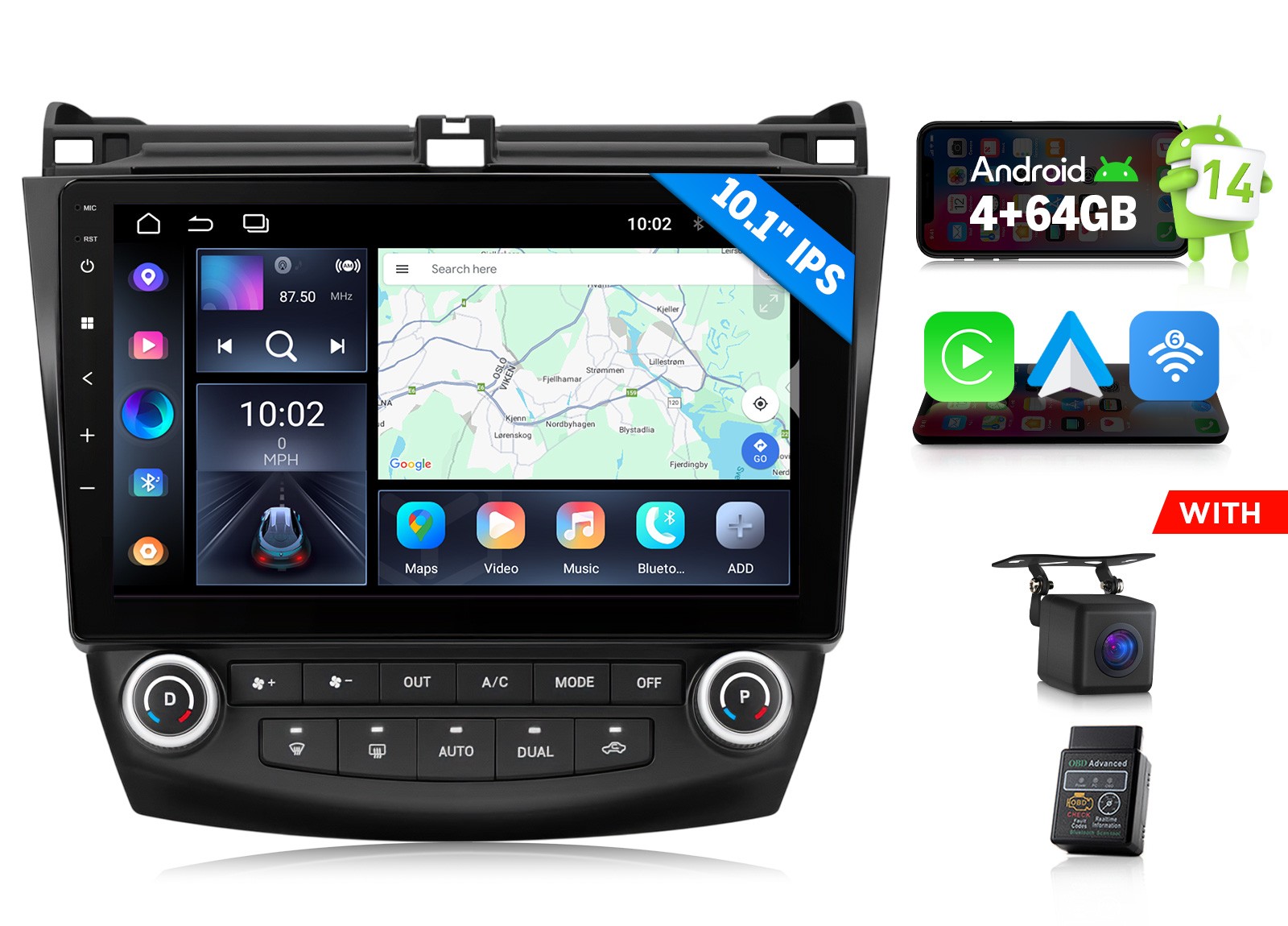 OBD+for Honda Accord 03-07 10.1″ Android 14 4+64 CarPlay Head Unit Bluetooth SWC