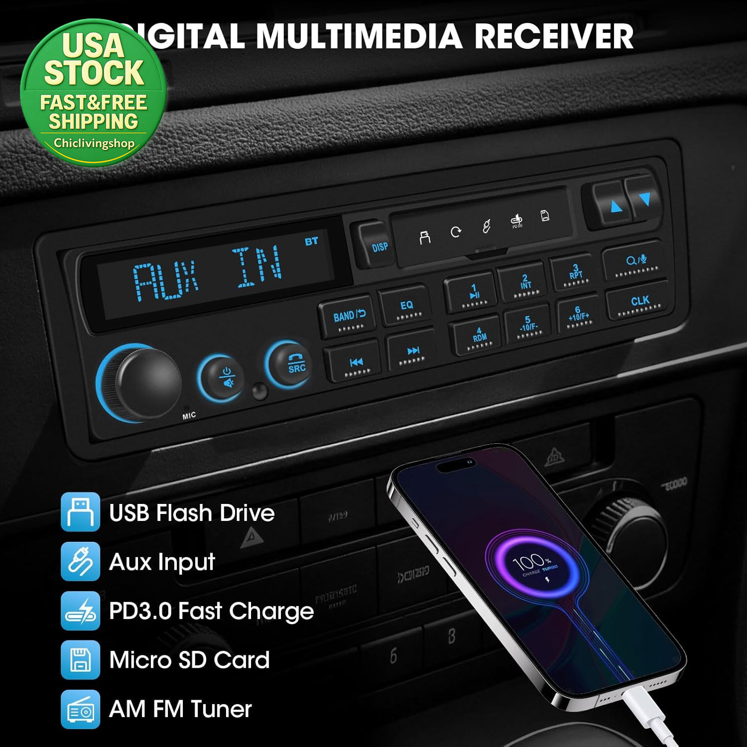 Bluetooth Retro Car Stereo Receiver Single Din for 80S European Cars USB AUX