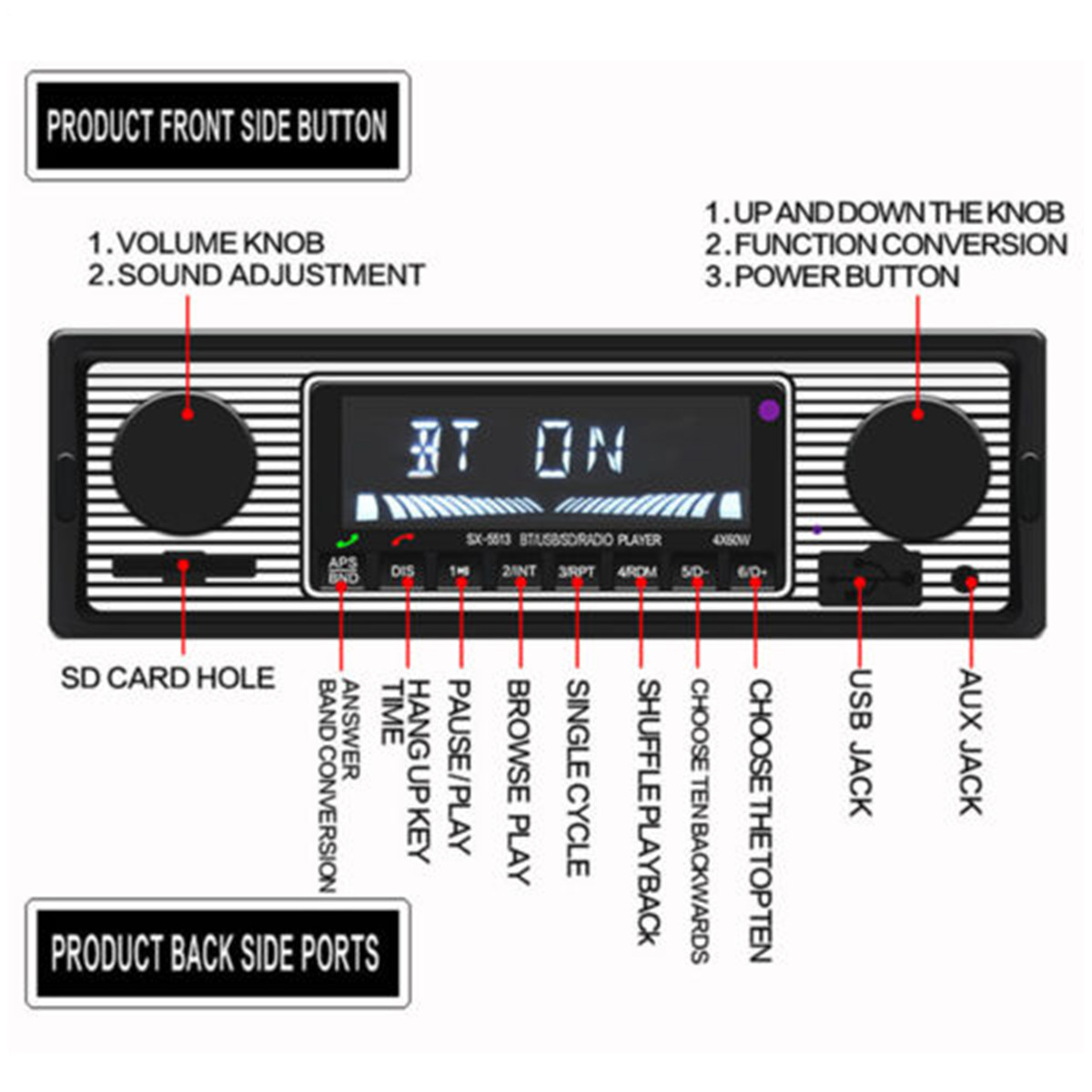 4-Channel Car MP3 Player FM Radio Bluetooth AUX Head Unit LCD Screen Dual knob