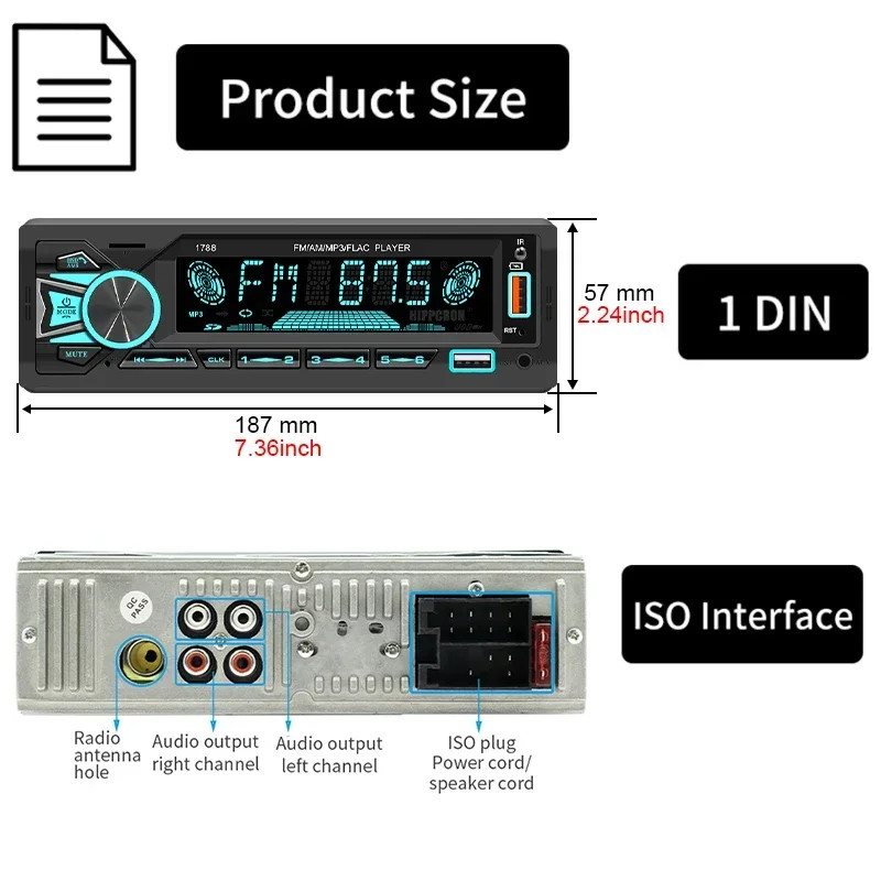 Car MP3 Player Radio Srereo Bluetooth FM Receiver Support Phone Charging USB/TF