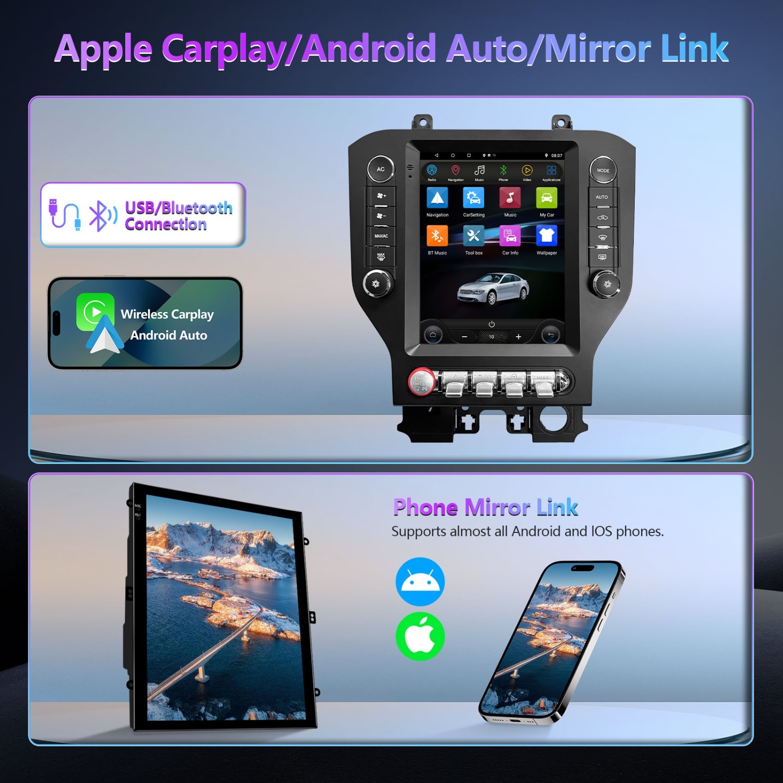 For 2015-2020 Ford Mustang Apple Carplay Car Stereo Radio GPS WIFI with Camera