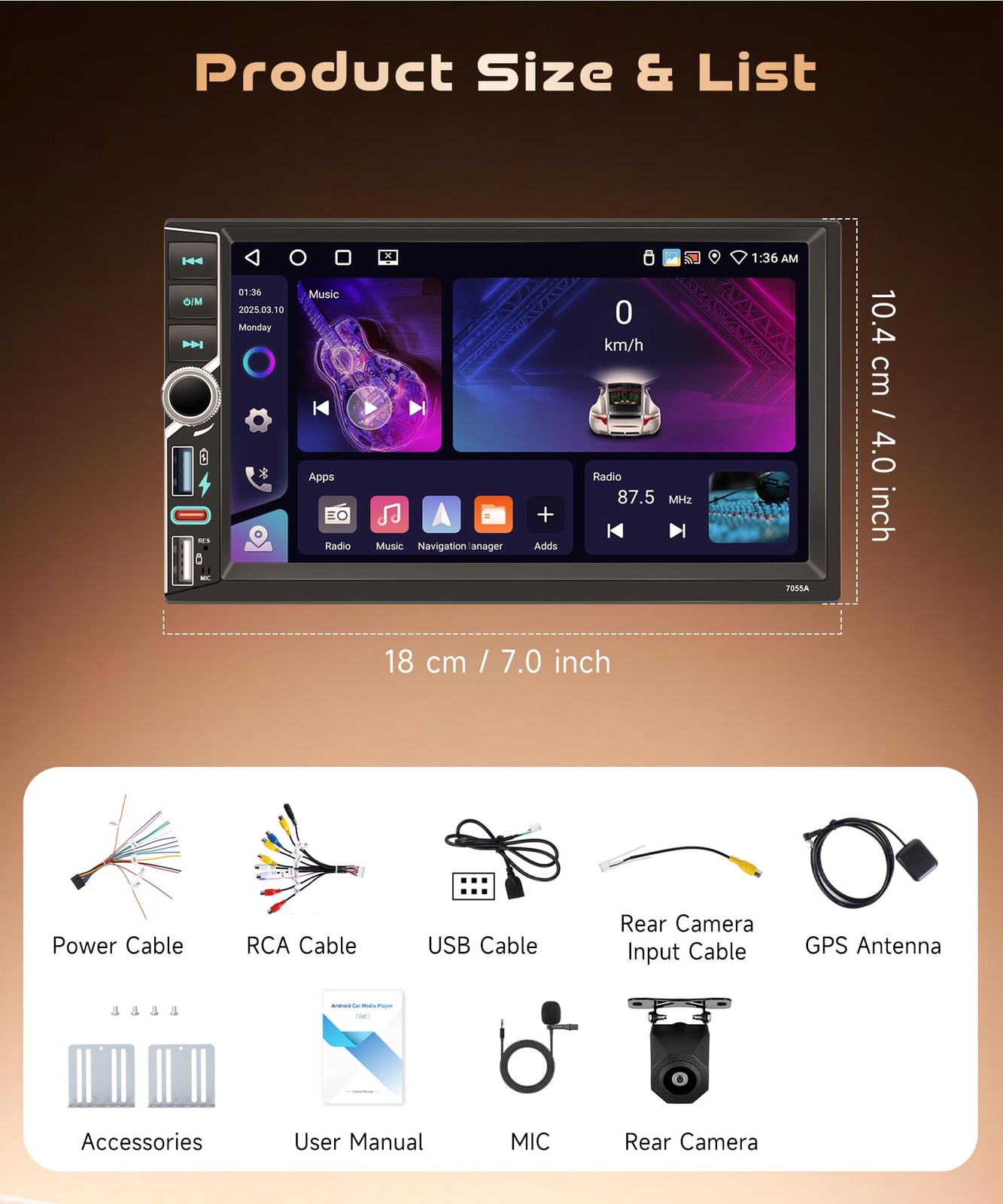 Android 4G+64G Double Din Car Stereo with Wireless Carplay Android Auto, 7 in…