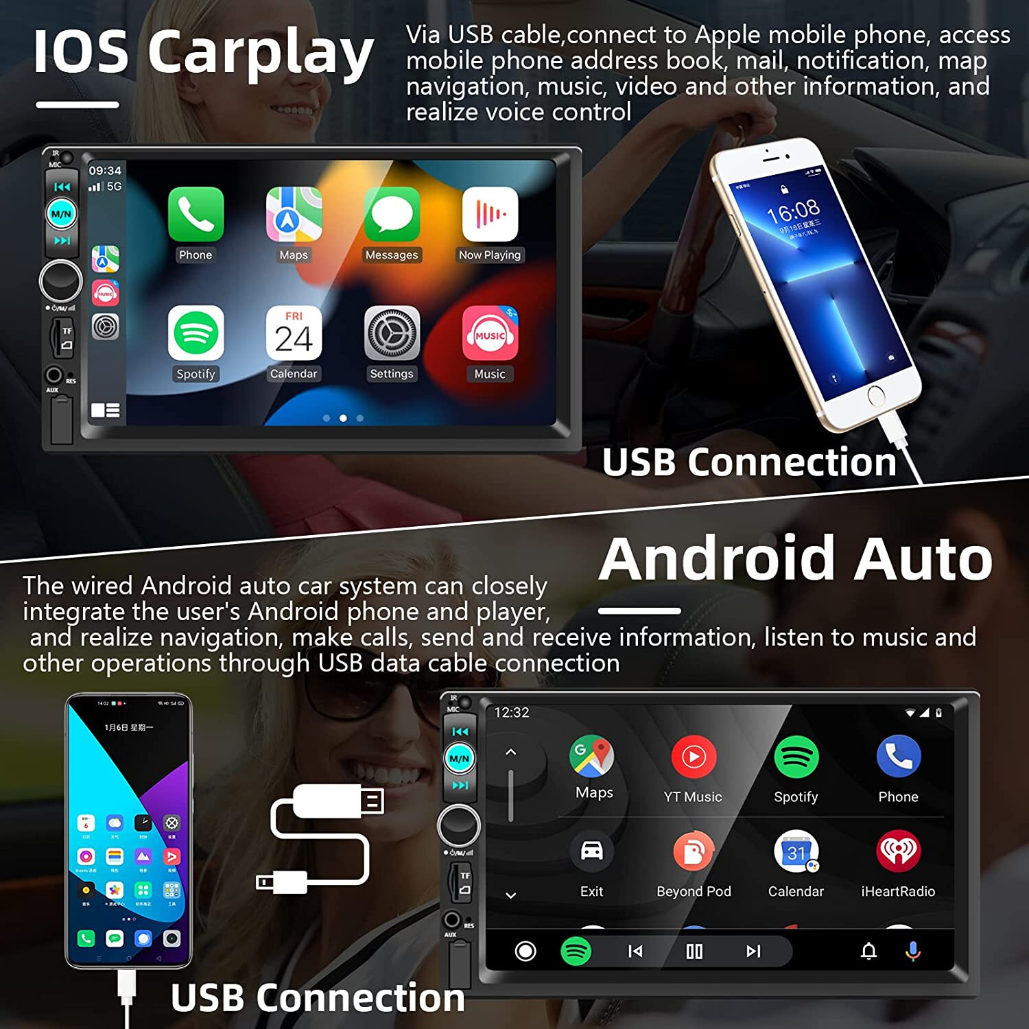 7″ Car Stereo 2DIN Radio Bluetooth Backup Camera Mirror with Car Play