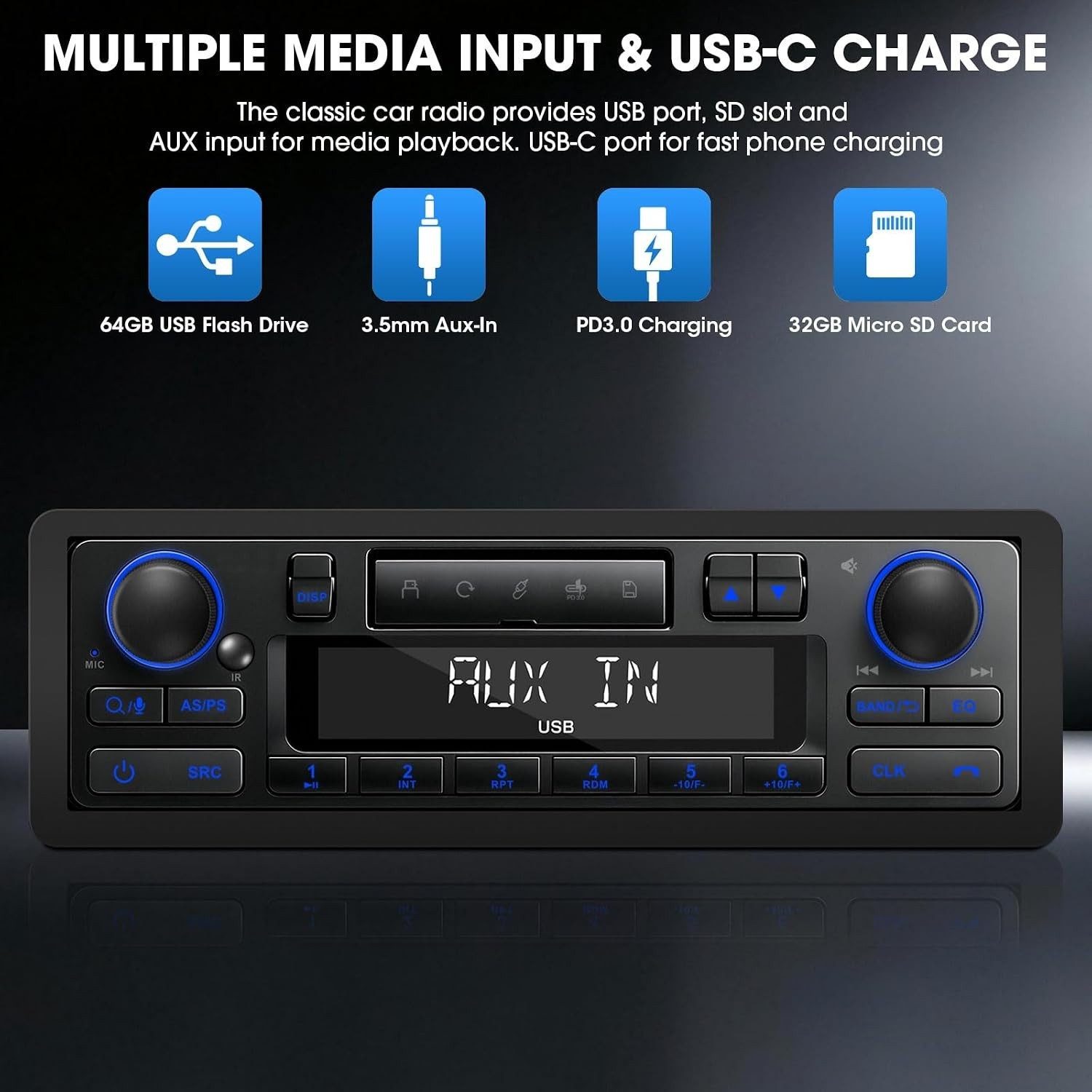Retro Bluetooth Car Radio 7 Color LCD Display 4-Ch Stereo USB SD Aux FM AM