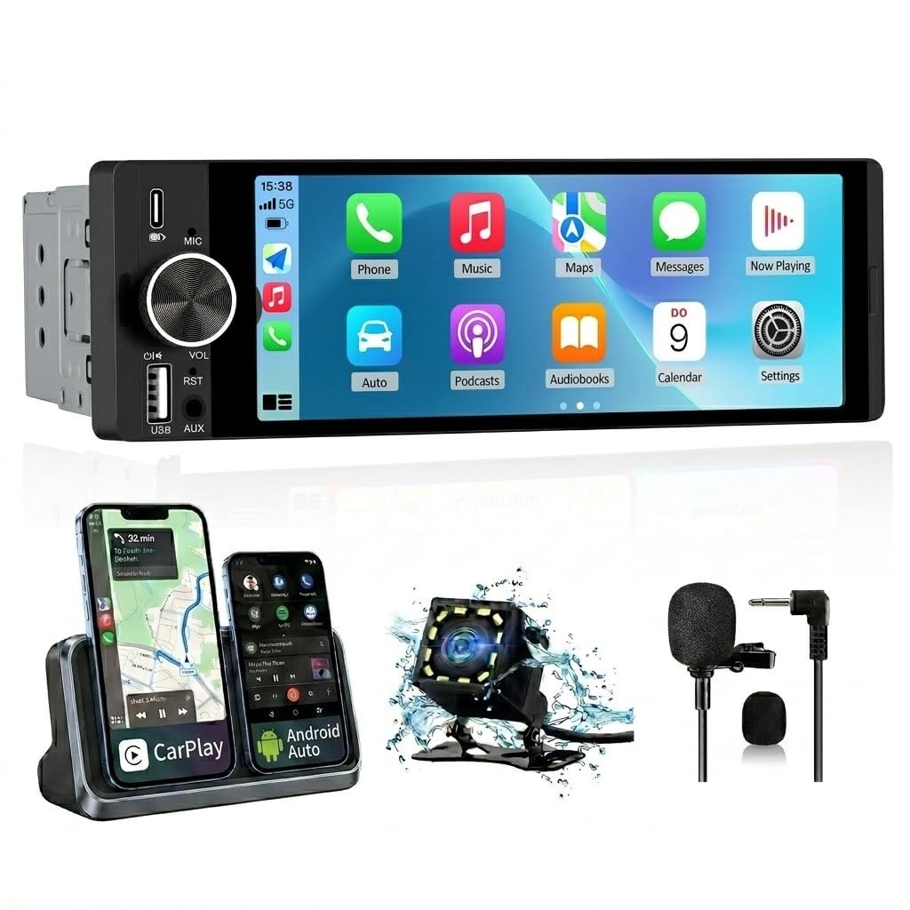 Single Din Car Stereo, 6.36 Inch CarPlay & Android Auto HD IPS Touchscreen Ra…