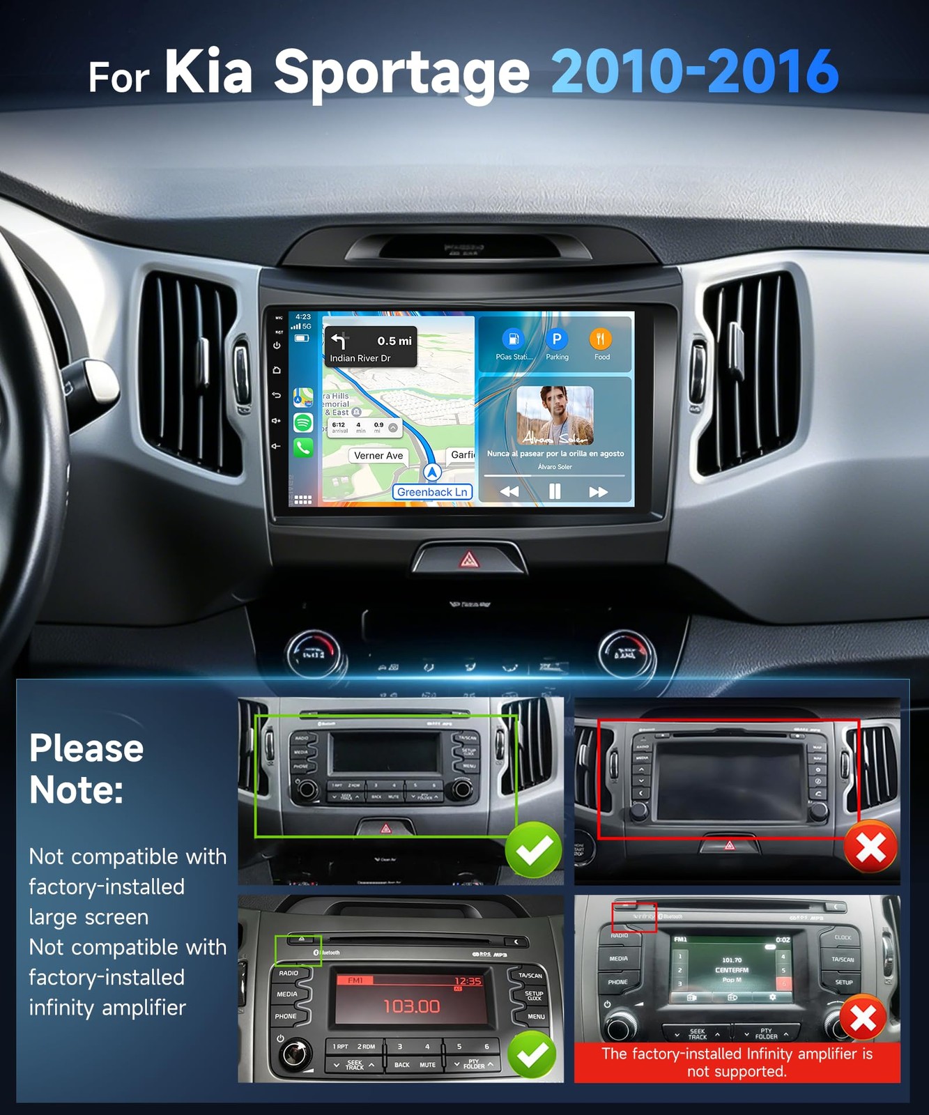 9″ Touchscreen Wireless Carplay Android Auto Stereo for 2010-2016 Kia Sportage