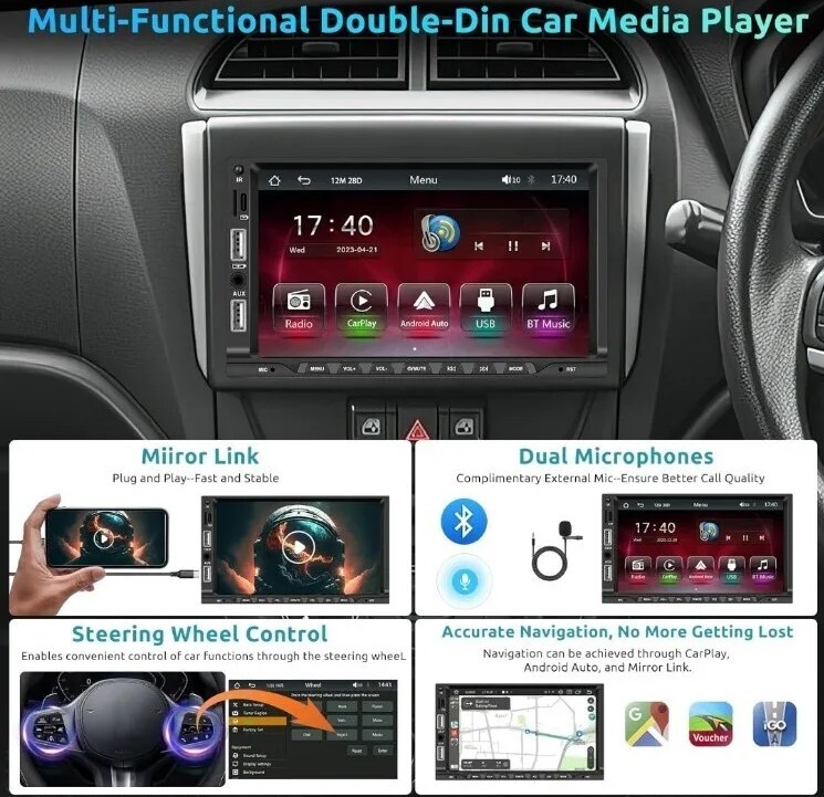 7″ 2 Din Car Radio Carplay Android Auto Car Stereo Bluetooth Mirror Link+Camera