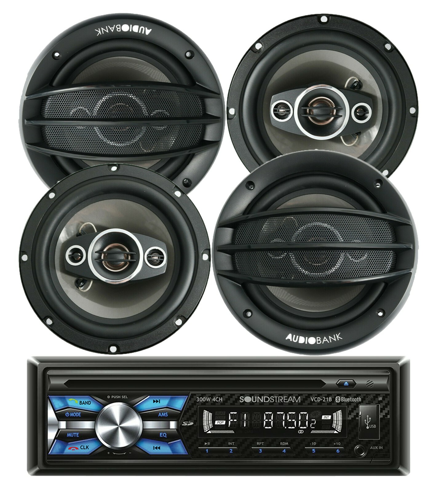Soundstream VCD-21B 1-DIN CD Player Receiver+ 4x Audiobank AB-630 6.5″ Speakers