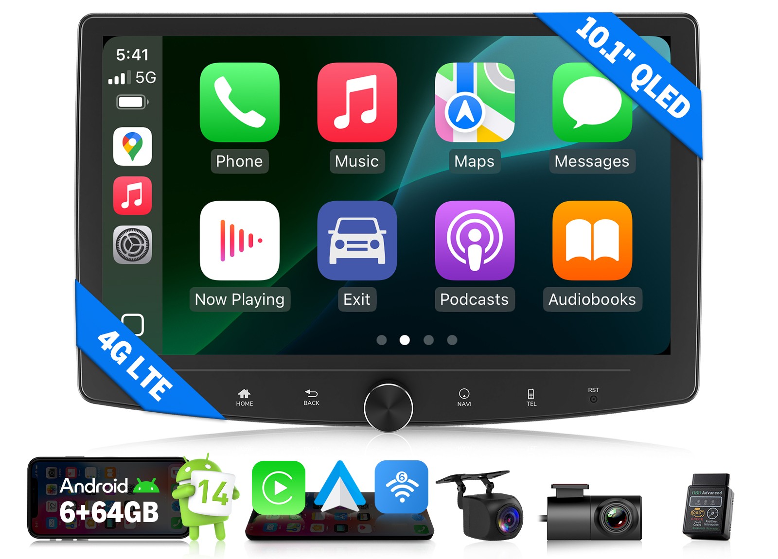 10.1″ QLED Double 2 DIN Car Stereo Wireless CarPlay Android Auto GPS Sat Nav DSP