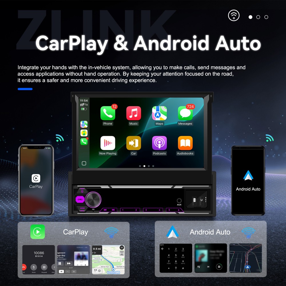 7″ 4G+64GB Car Stereo Radio 1 DIN CarPlay 8 Core Android 15 GPS Flip Out Screen