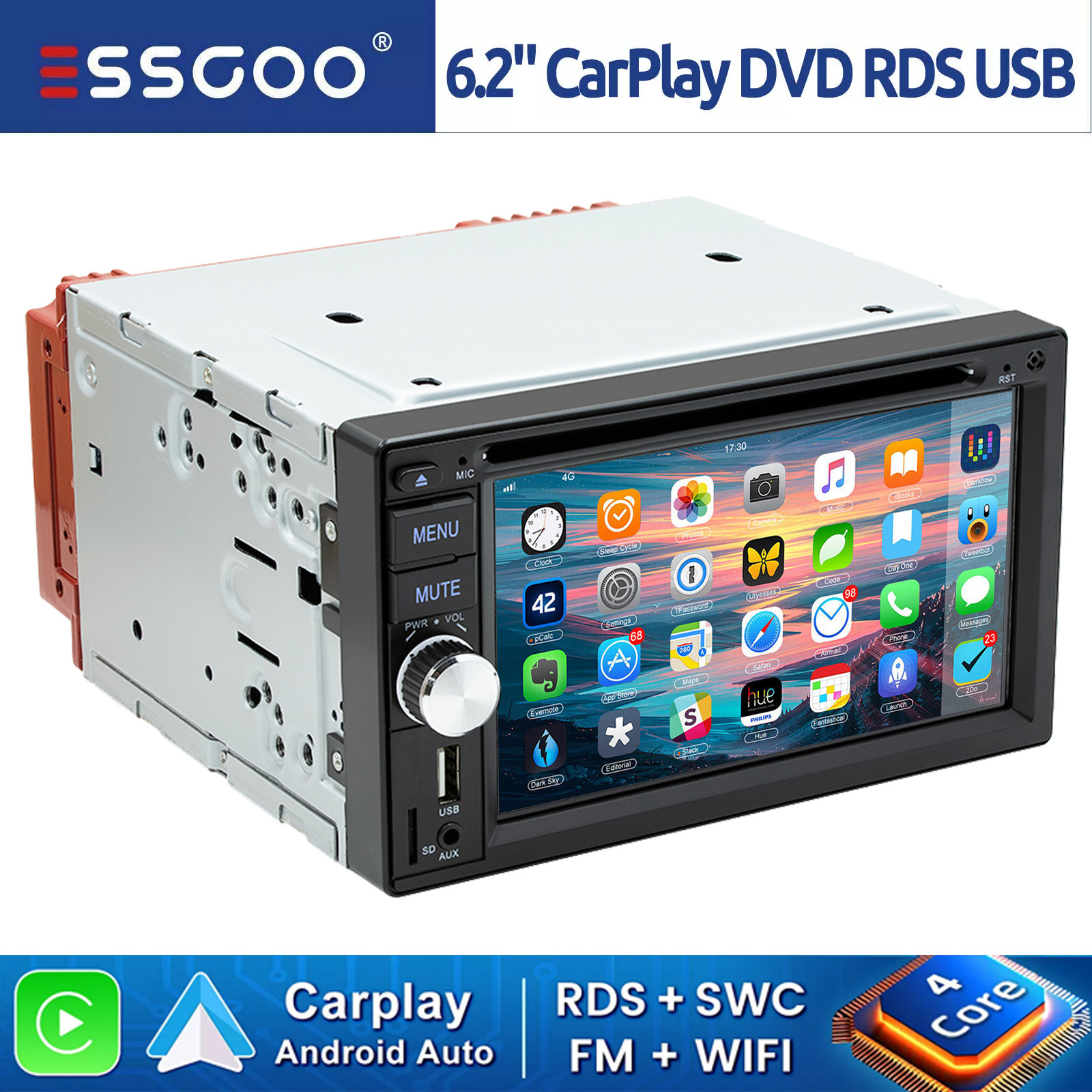 6.2″ 2 DIN Apple Carplay Android Auto Stereo Radio CD DVD Player Bluetooth FM AM