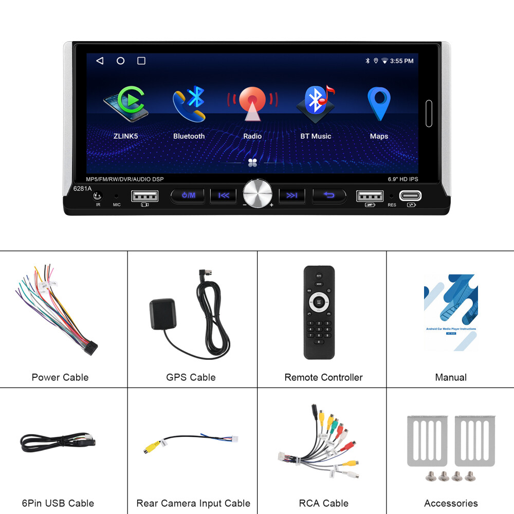 Single 1 DIN Car Radio GPS NAVI Carplay 6.9 Inch Stereo Player Android 15 2+64G