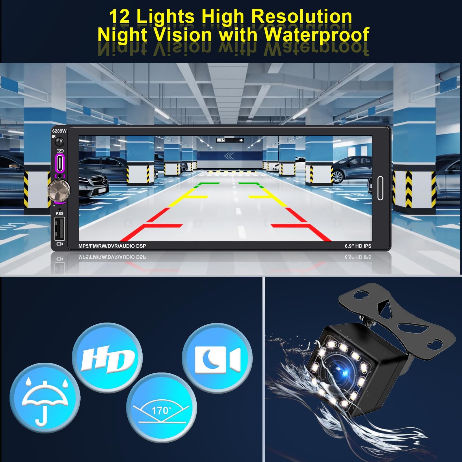 6.9″ Single DIN Car Radio with Wireless 7.4 inches (W) x 2.3 (H).