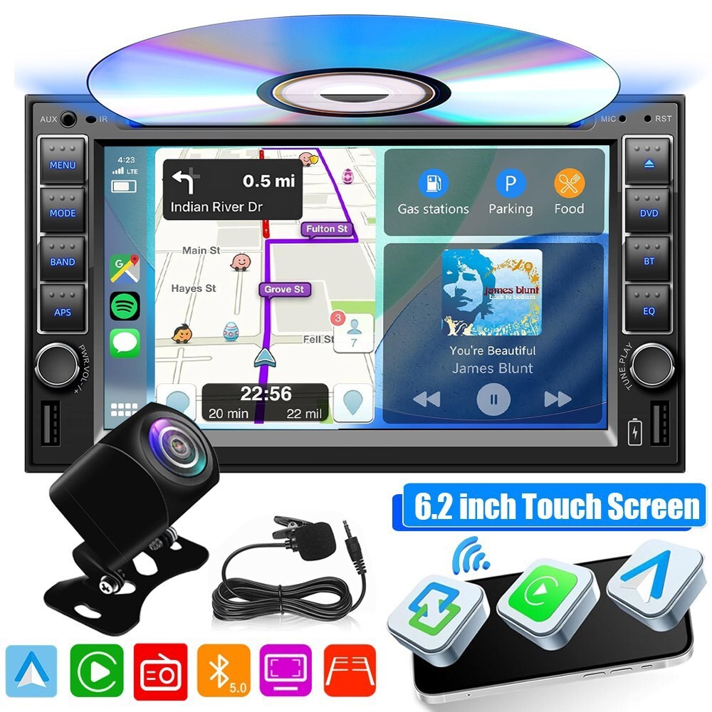 6.2” 2Din Auto-Stereo-CD-DVD-Player Wireless Carplay Android Auto GPS Navi AM