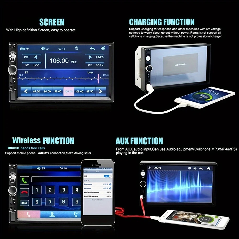 7″ Double 2 DIN Car MP5 Player Bluetooth Touch Screen FM Stereo Radio + Camera;
