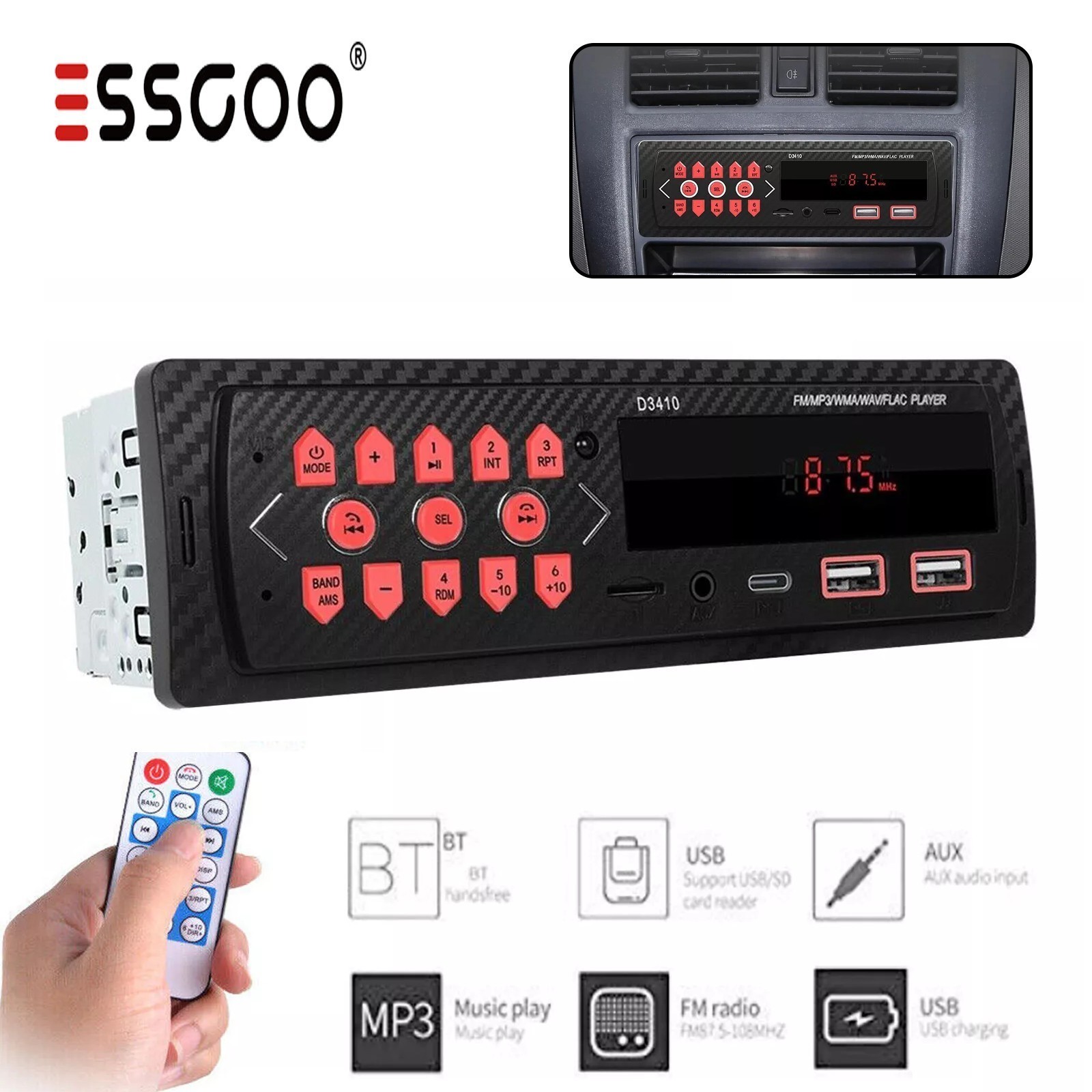 Single 1 DIN Bluetooth Car Stereo Radio MP3 Player w/ USB/SD/FM/AM/AUX 12V Power