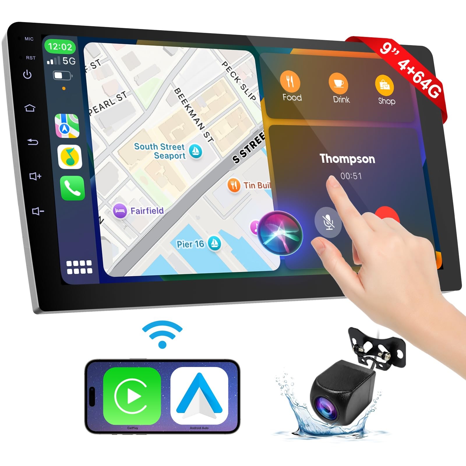 9 Inch Wireless Carplay Screen for Car,Double Din Car 9 inch-4+64GB, black