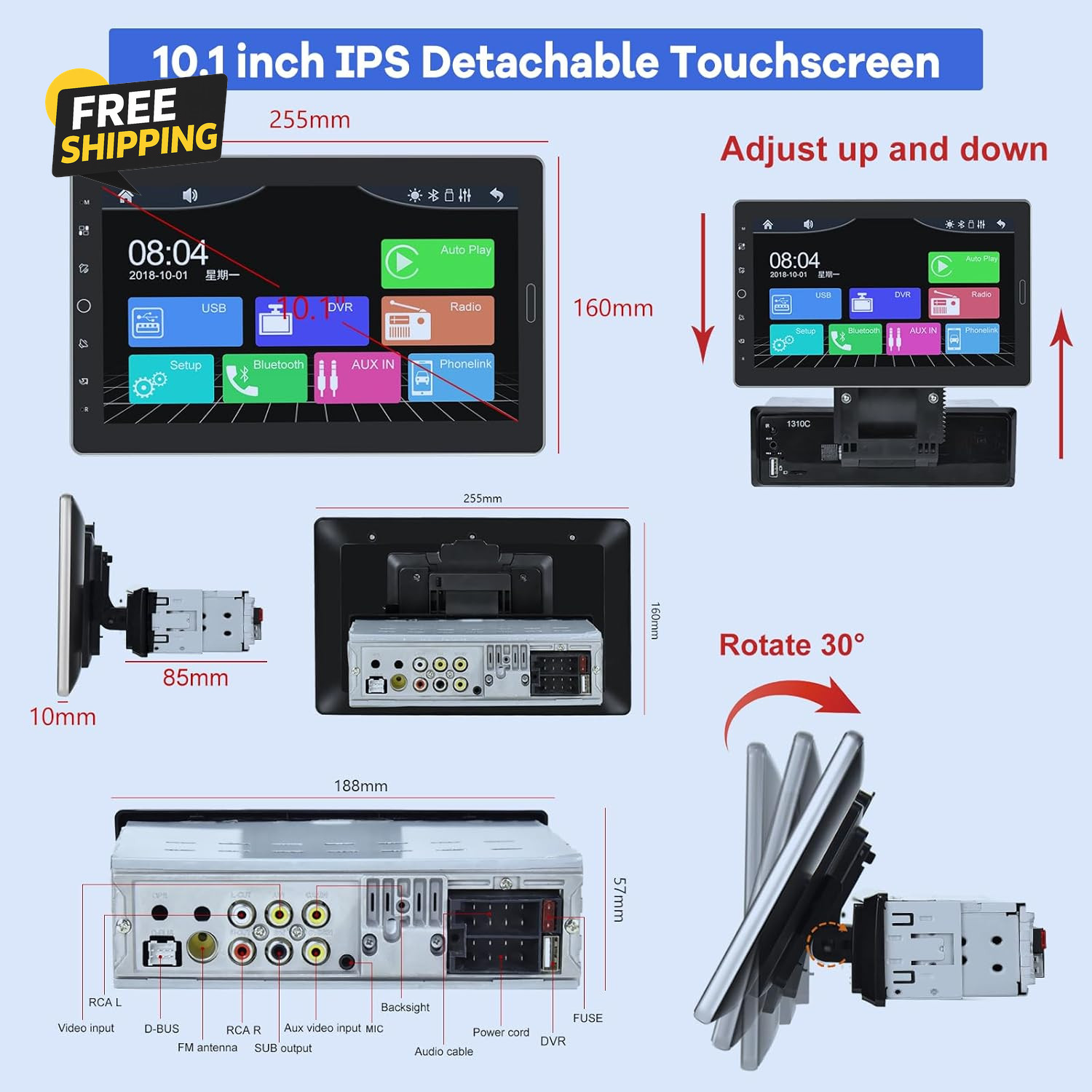 10.1 Inch Single Din Car Stereo with Carplay and Android Auto, 10 Inch