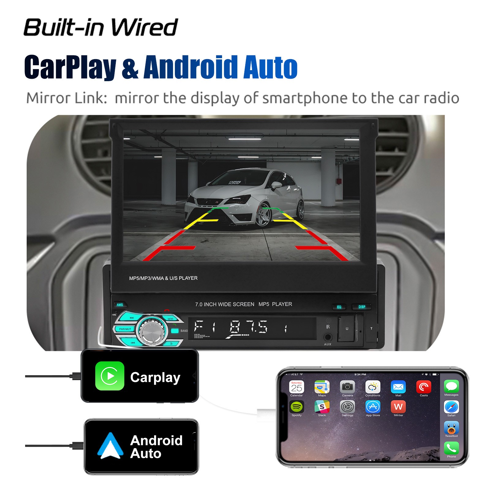 Single DIN 7″ Car Stereo USB Flip Out Touch Screen Bluetooth USB C AUX MP5 Radio