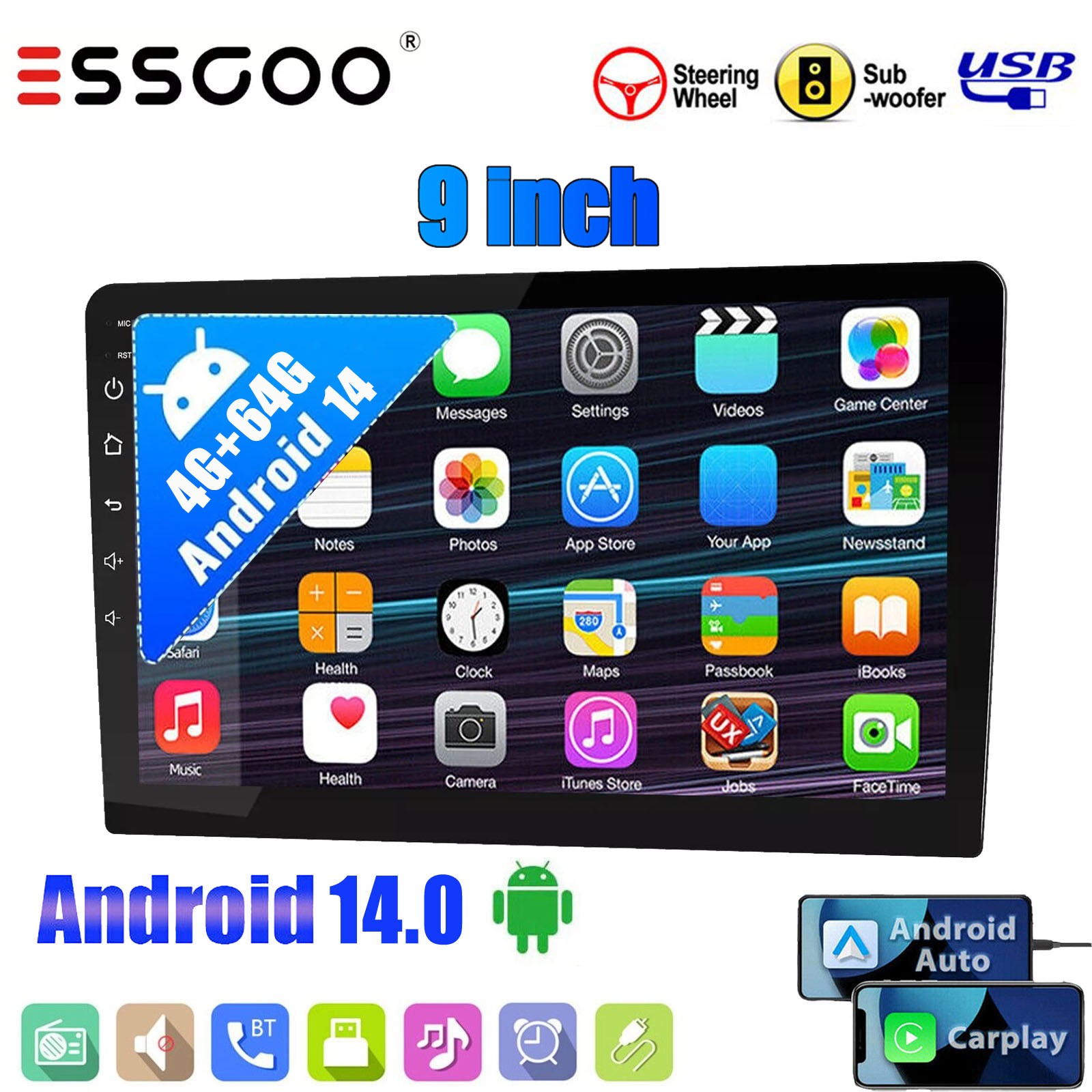 9″ Double 2 DIN Android14 Carplay Car Stereo Radio GPS BT IPS Touch Screen 4+64G