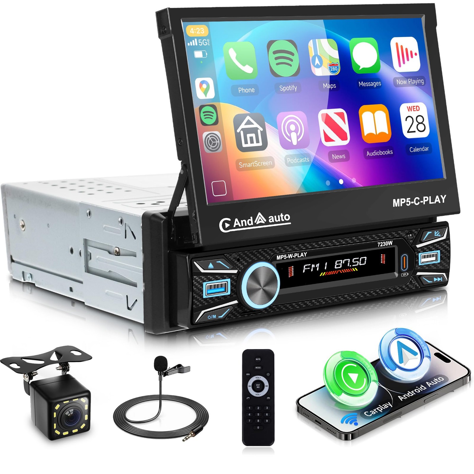 Orderich Single Din Car Stereo Touch Screen Flip Out Wireless Carplay Black