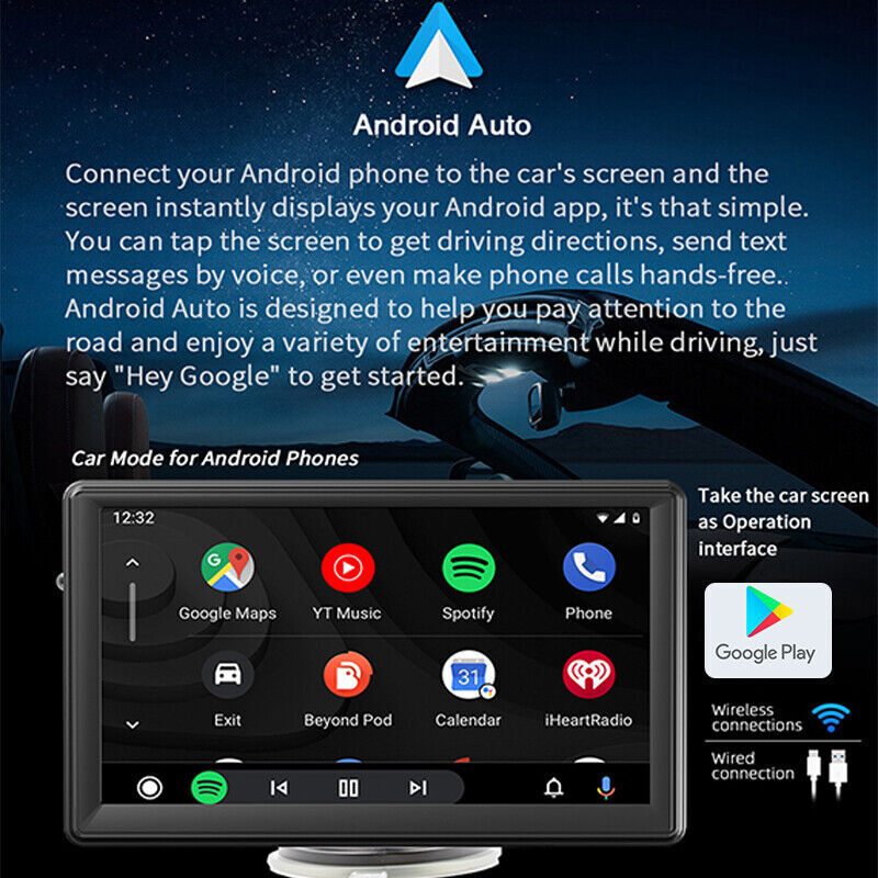7″ Portable Touch Screen Car Radio Stereo Wireless Apple CarPlay Android Auto FM