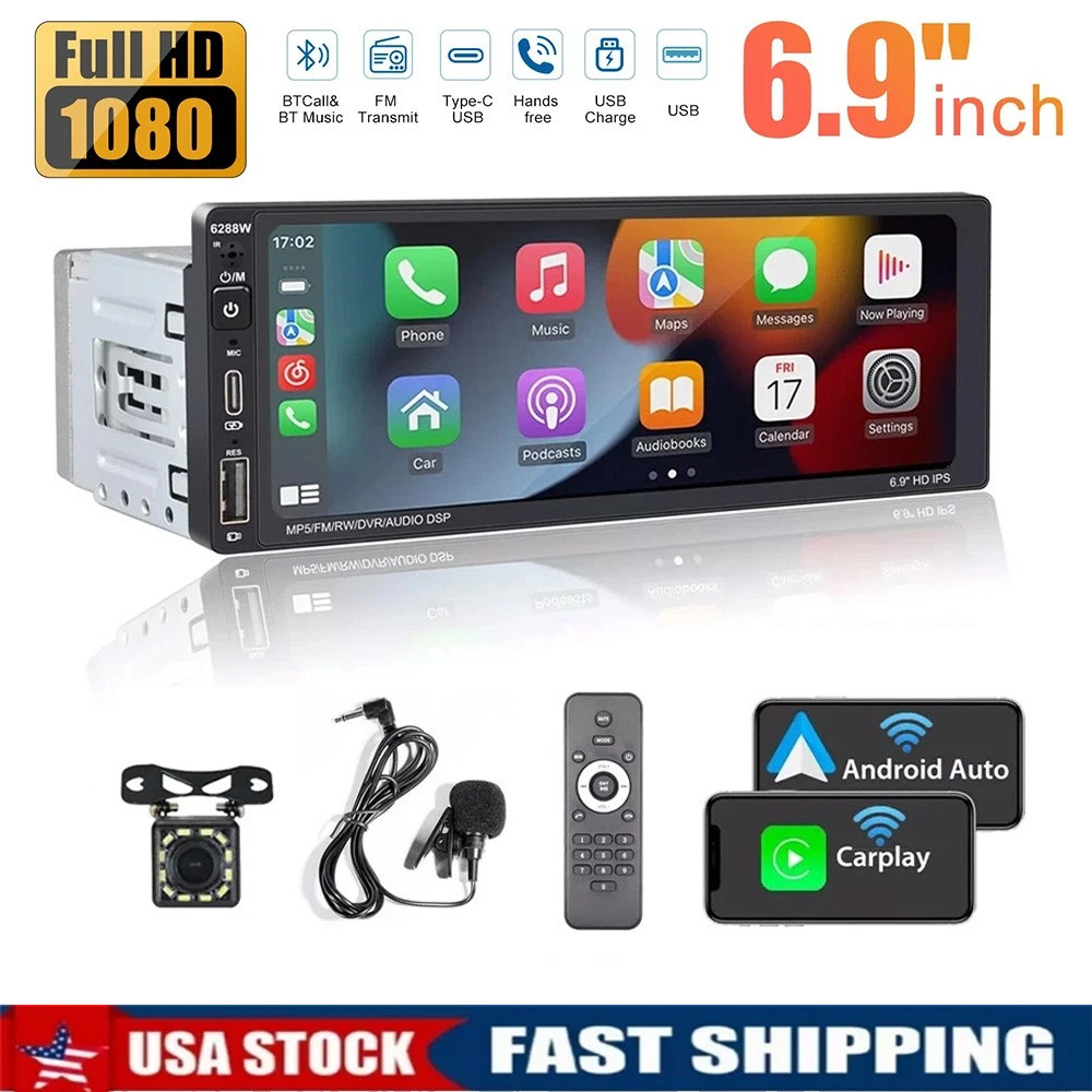 Single 1 Din Car Stereo Apple CarPlay 6.9” touchscreen Bluetooth Radio SWC US