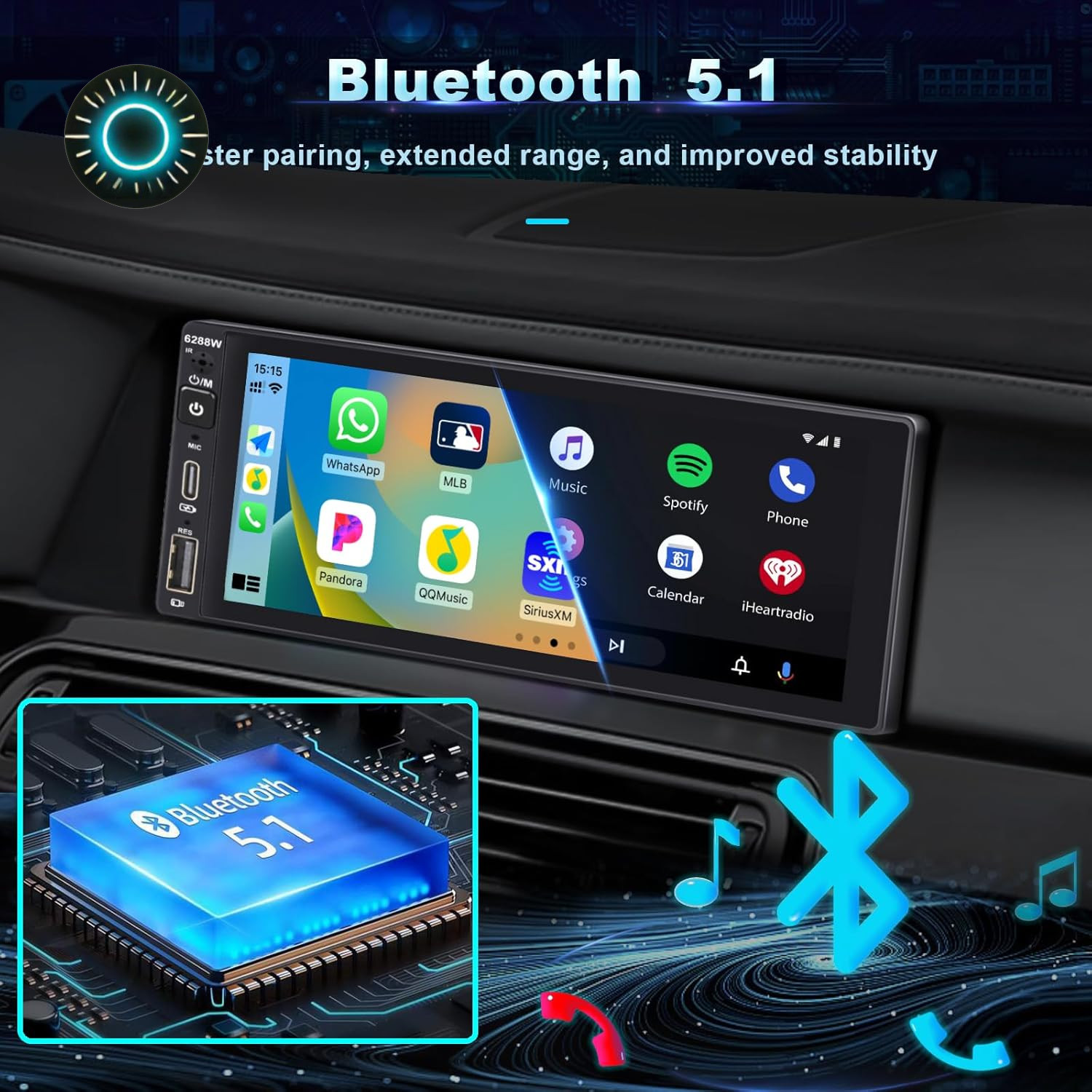 Wireless Single Din Car Stereo with Apple Carplay Ips Touch Screen Car Radio wit