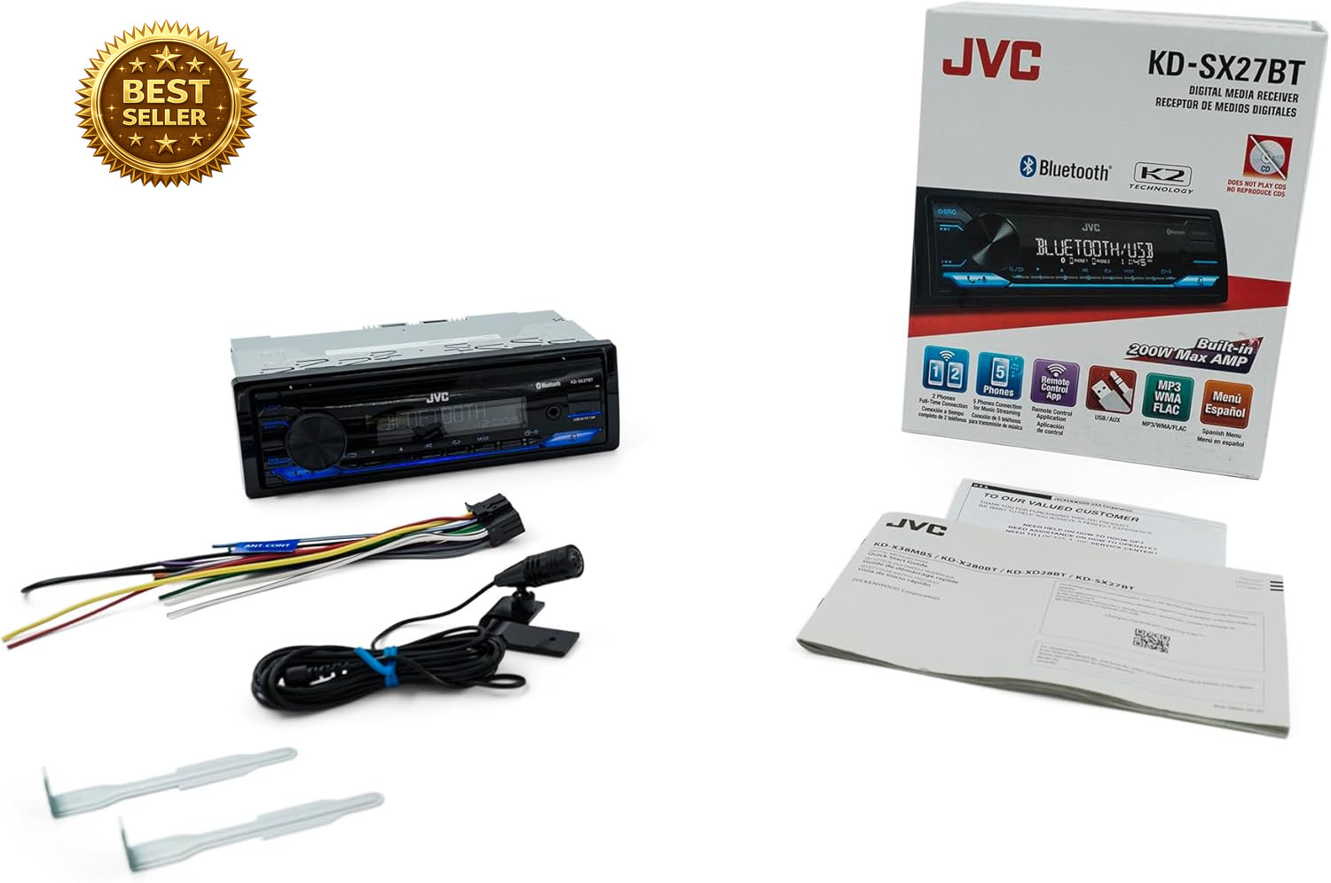 JVC KD-SX27BT Bluetooth Car Stereo Single DIN 100W USB AUX FM AM Receiver