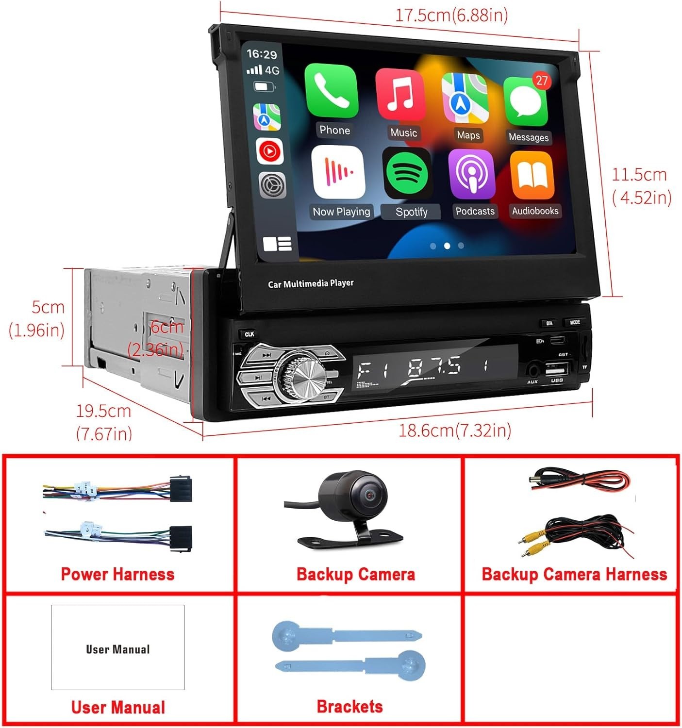 Type-C&USB Single-Din-Carplay& Android-Auto-Car-Radio 7-inch Flip Out Touchsc…