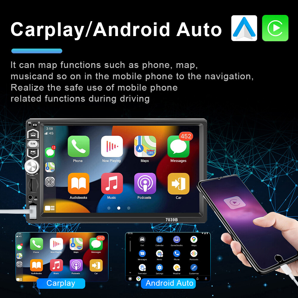 7″ 1 Din Car Stereo Radio Carplay Android Auto Bluetooth Mirror Link USB/AUX/TF