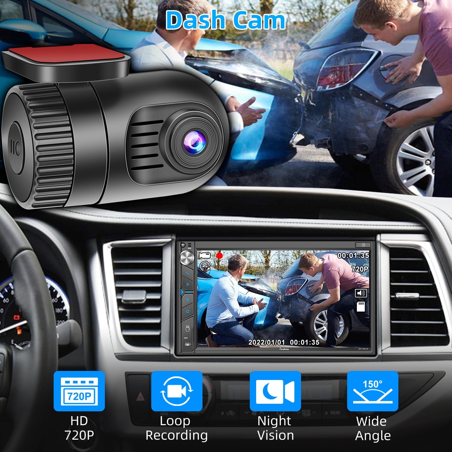 Double Din Car Stereo with Dash Cam – Voice Control Carplay, Android Auto, St…