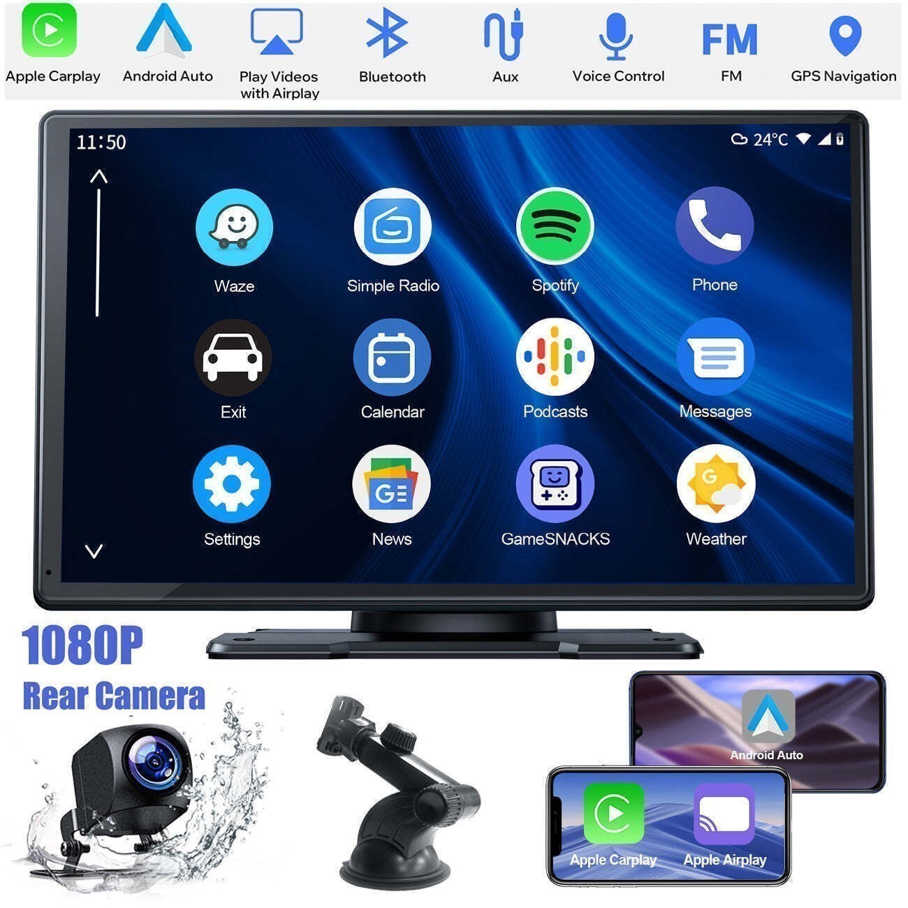 9 inch Portable Car Stereo Wireless Apple Carplay&Android Auto GPS+Backup Camera