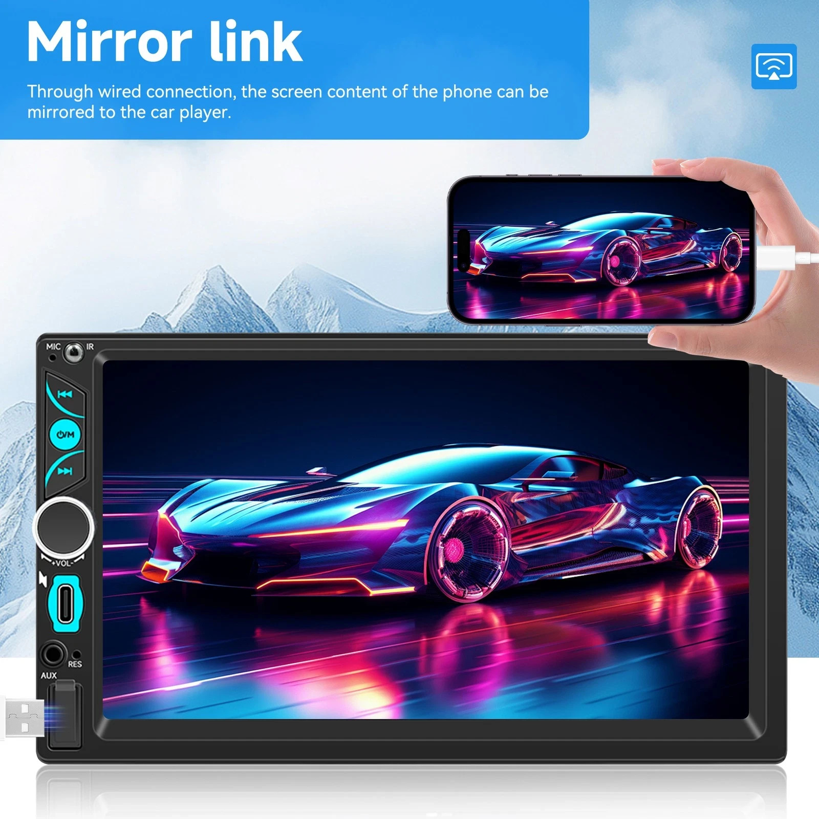 Double Din Car Stereo with 7″ HD Touchscreen, Wireless Apple Carplay & Android A