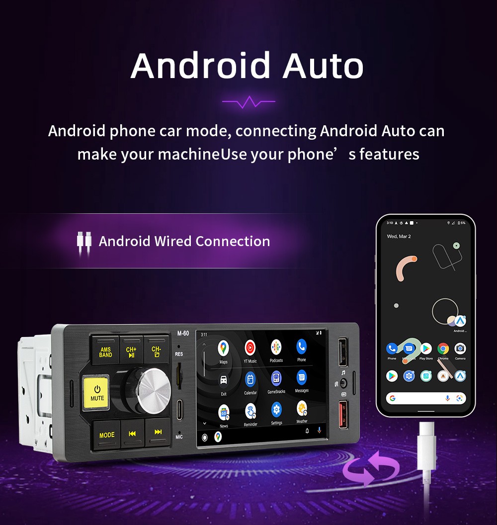 Type-C Bluetooth MP5 4.1in 1DIN Carplay Car Stereo Radio Mirror Link FM60