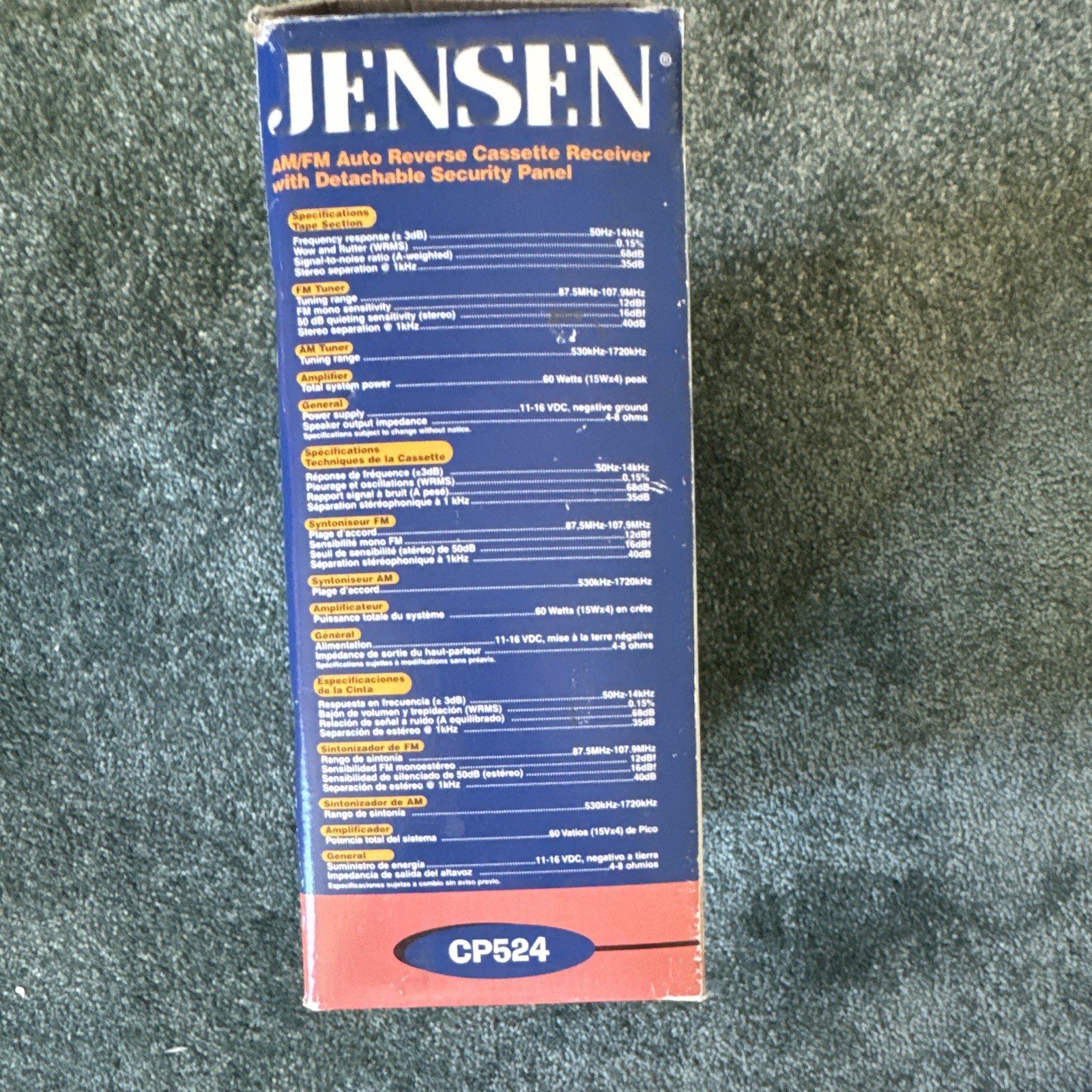 Jensen CP524 1 DIN AM/FM Auto Reverse Cassette Player Receiver, Detachable Face