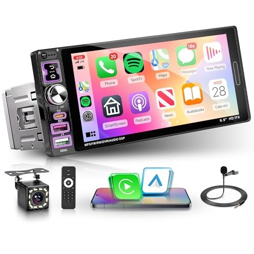 Car Stereo Single Din Carplay Android Auto Car Radio with Bluetooth 5.2, 6.9