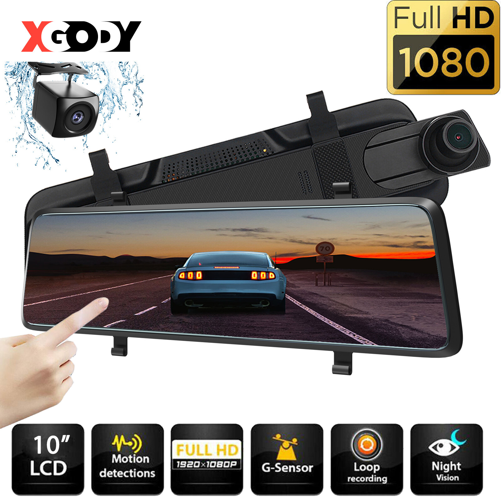 XGODY 10″ 1080P Dash Cam Front and Rear Camera Car Rearview Mirror DVR Recorder