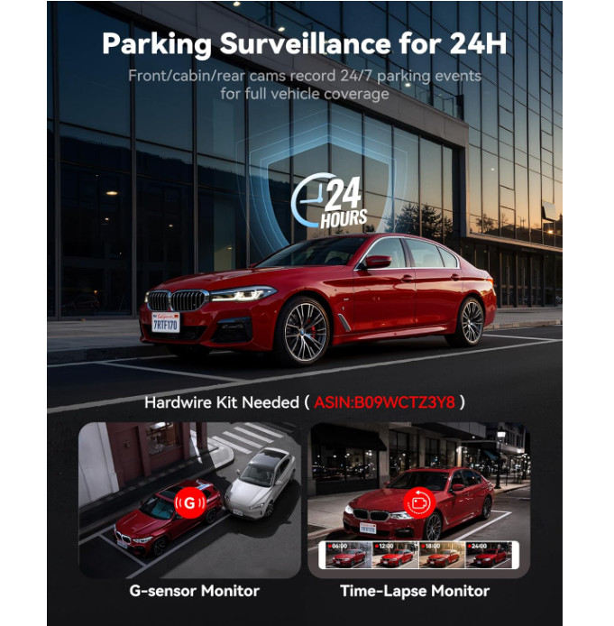 Cámara dash cam 4K de 3 canales con grabación frontal, interior y trasera, WiFi