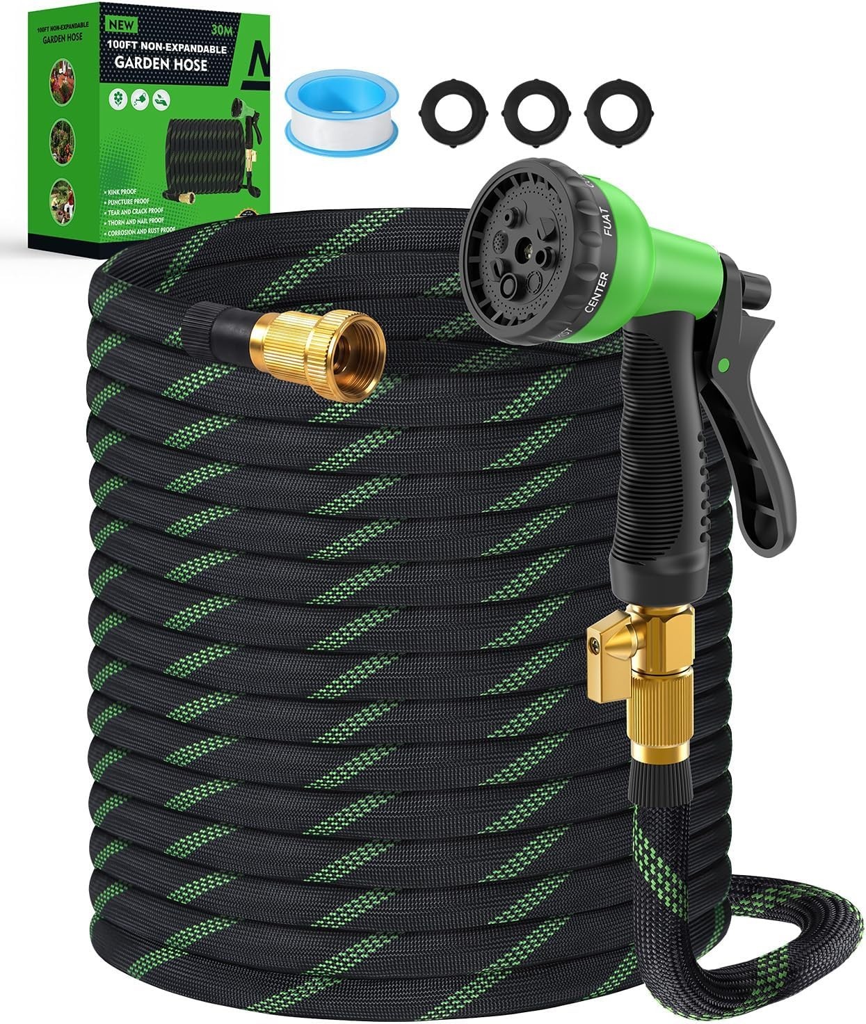 100ft Garden Hose, Non-Expandable Water Hose with 8 Function Spray Nozzle, Light