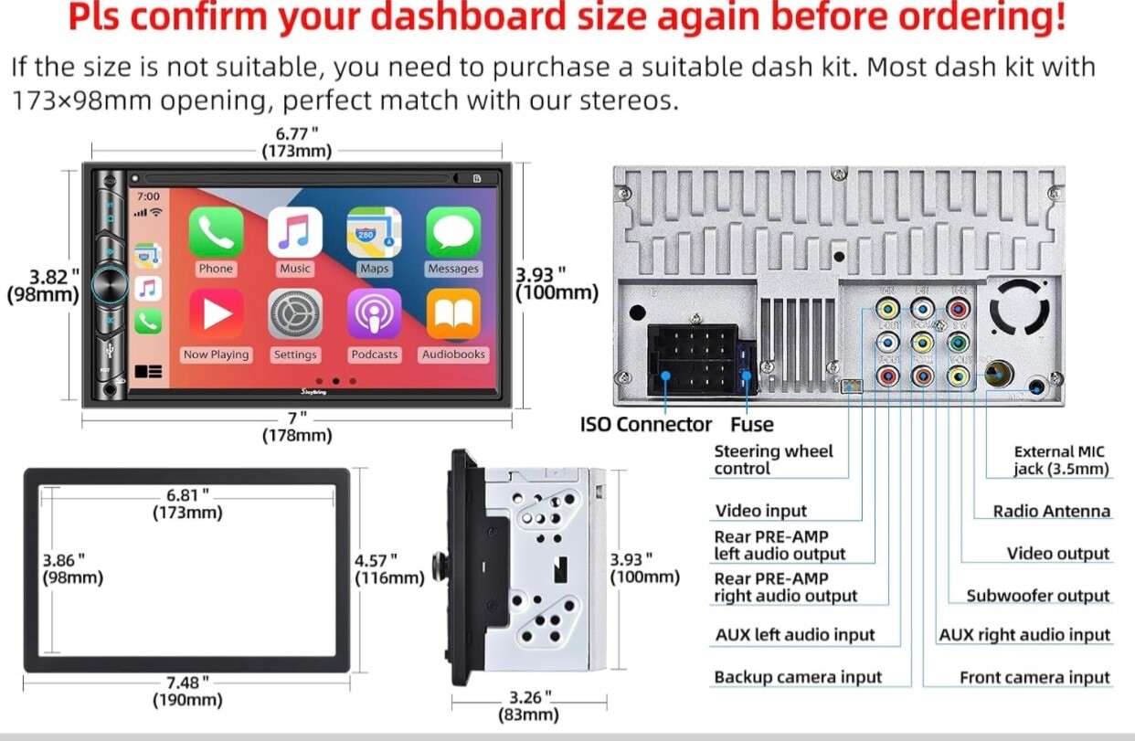 Double DIN CarPlay Multimedia Player, 7″ HD Capacitive Touchscreen, Car Stereo w