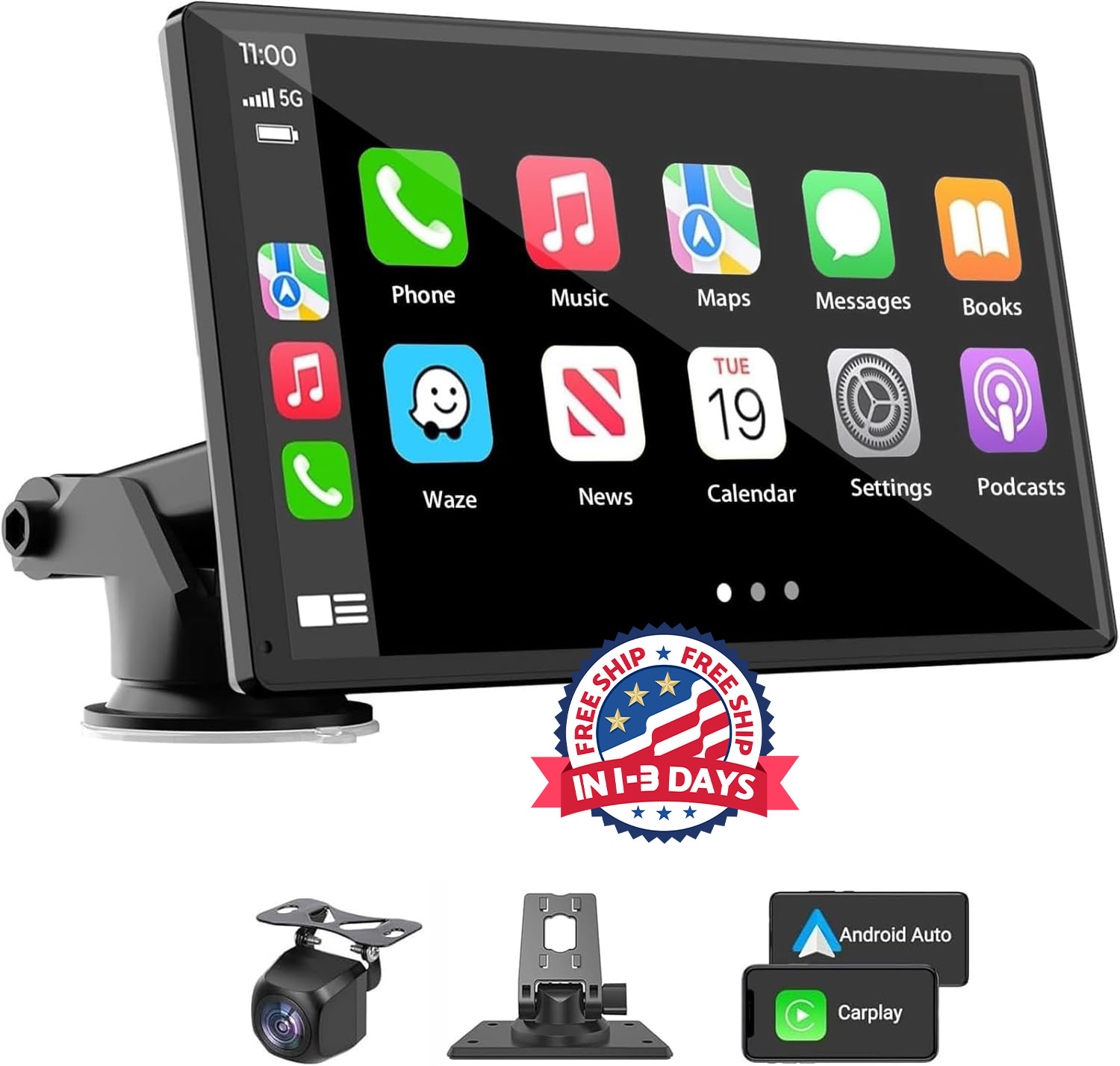 Estéreo portátil inalámbrico CarPlay para coche, pantalla táctil HD de 7″