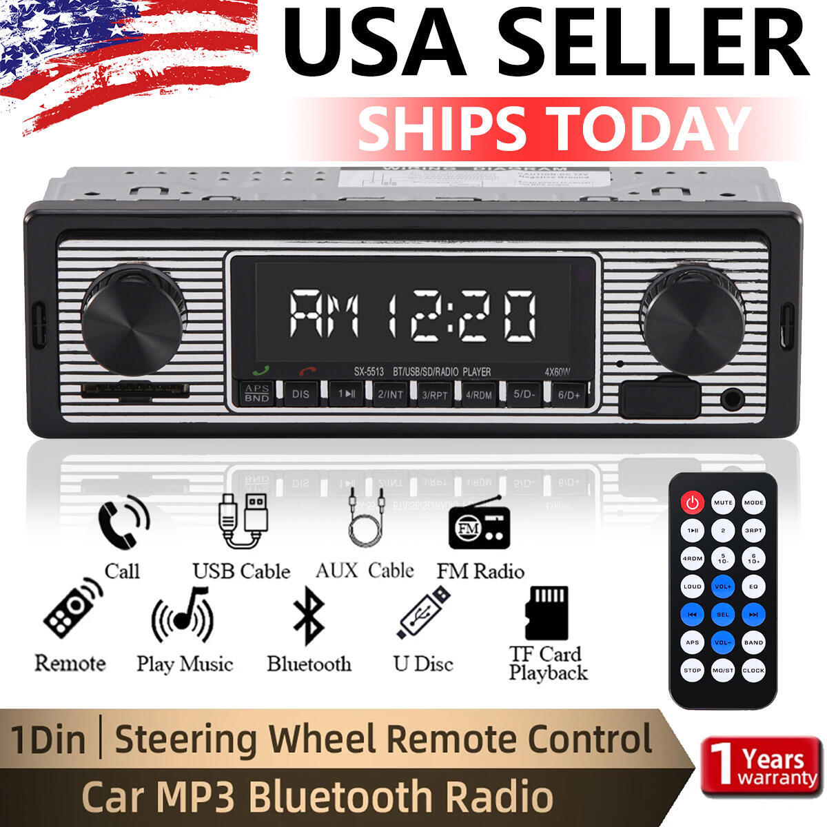 Bluetooth Car Vintage FM Radio MP3 Player USB Classic Stereo Audio Receiver AUX